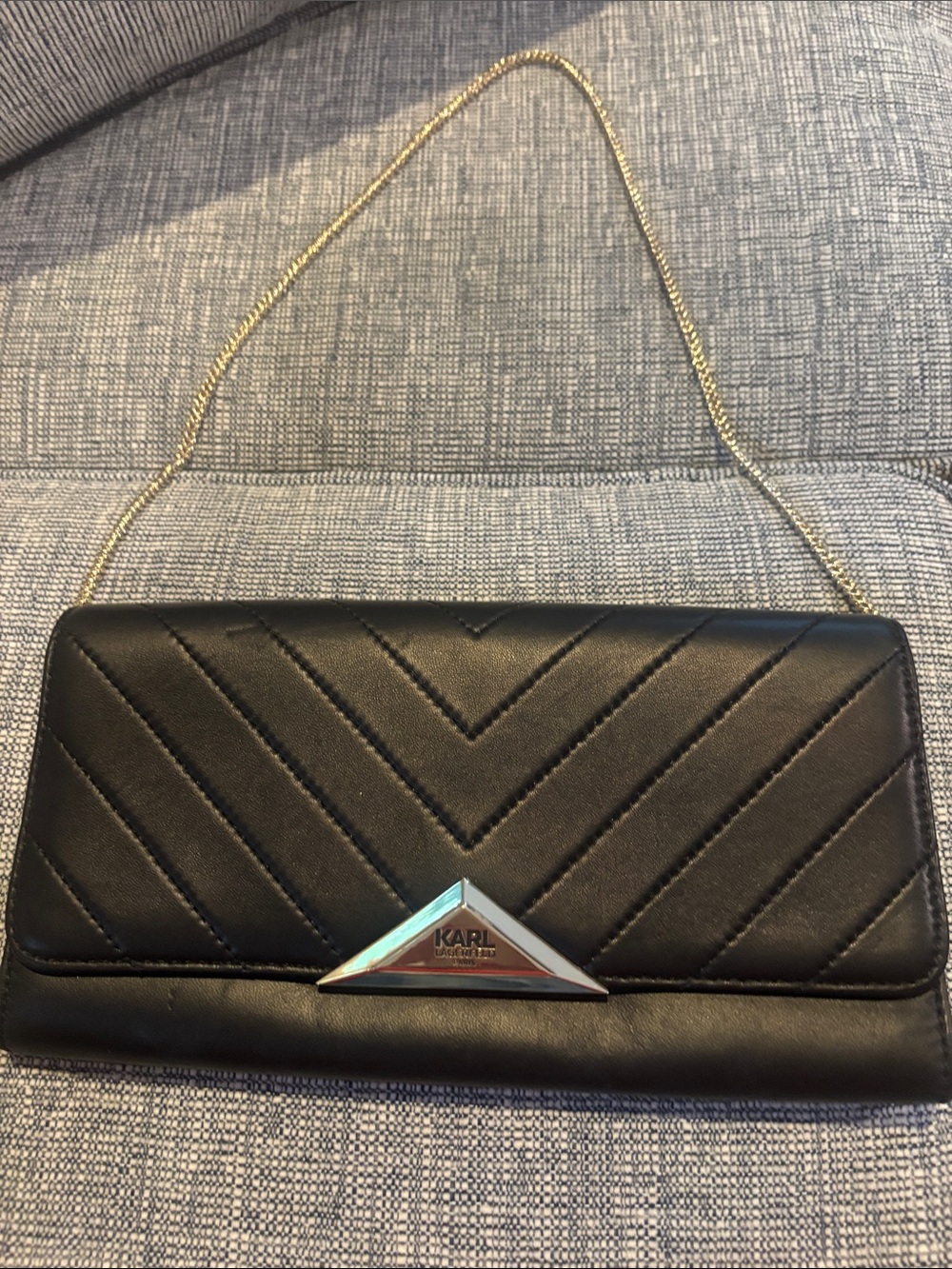 Karl Lagerfeld Black Quilted Chevron Clutch with Gold Chain Strap